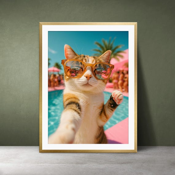 Cat Pool Party Print Cute Selfie In Sunglasses Summer Wall Art Pink Poster Instant Decor