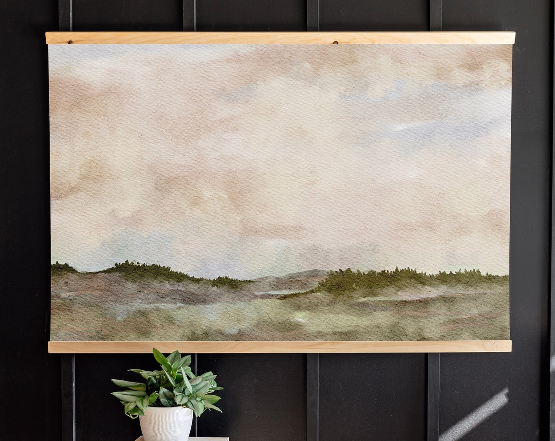 Boho Watercolor Misty Hills Under a Soft Pastel Cloudy Sky Poster - Image 2