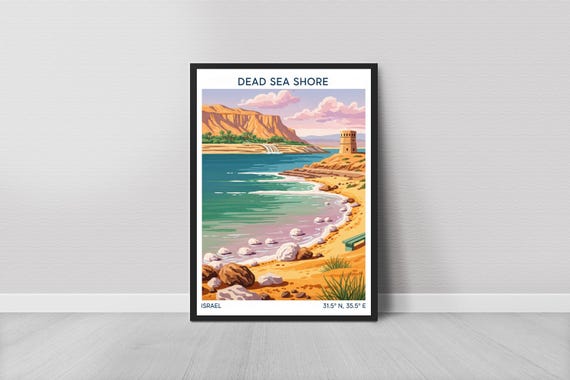 Dead Sea Shore Poster Vintage Travel Gouache Blue Green Water And Sand Tones