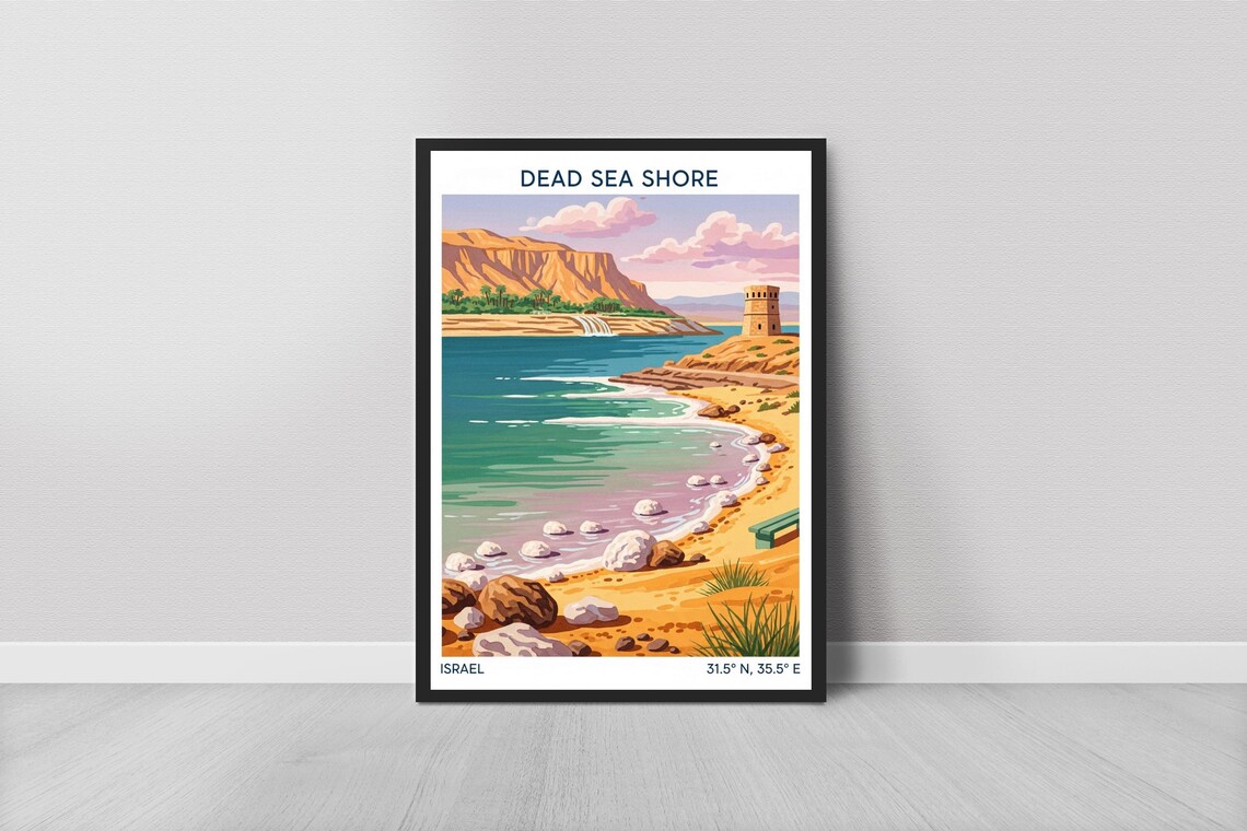 Dead Sea Shore Israel Salt Cliffs Turquoise Water Vintage Travel Poster