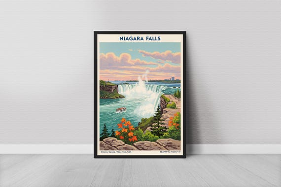Niagara Falls Art Print Vintage Travel Teal Water And Cream Sky