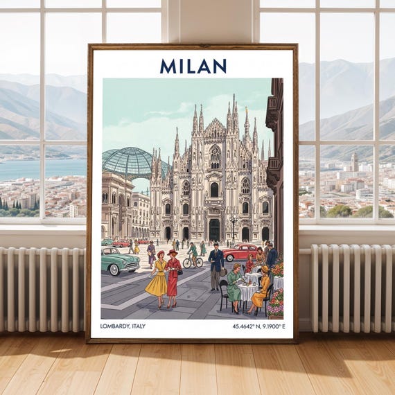 Milan Duomo Vintage Art Print Italian Cityscape Gouache Illustration