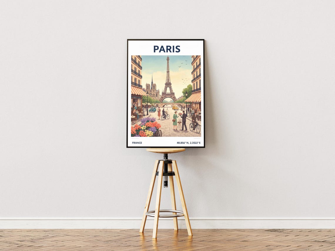 Charming Paris France Eiffel Tower Street Cafe Vintage Travel Poster