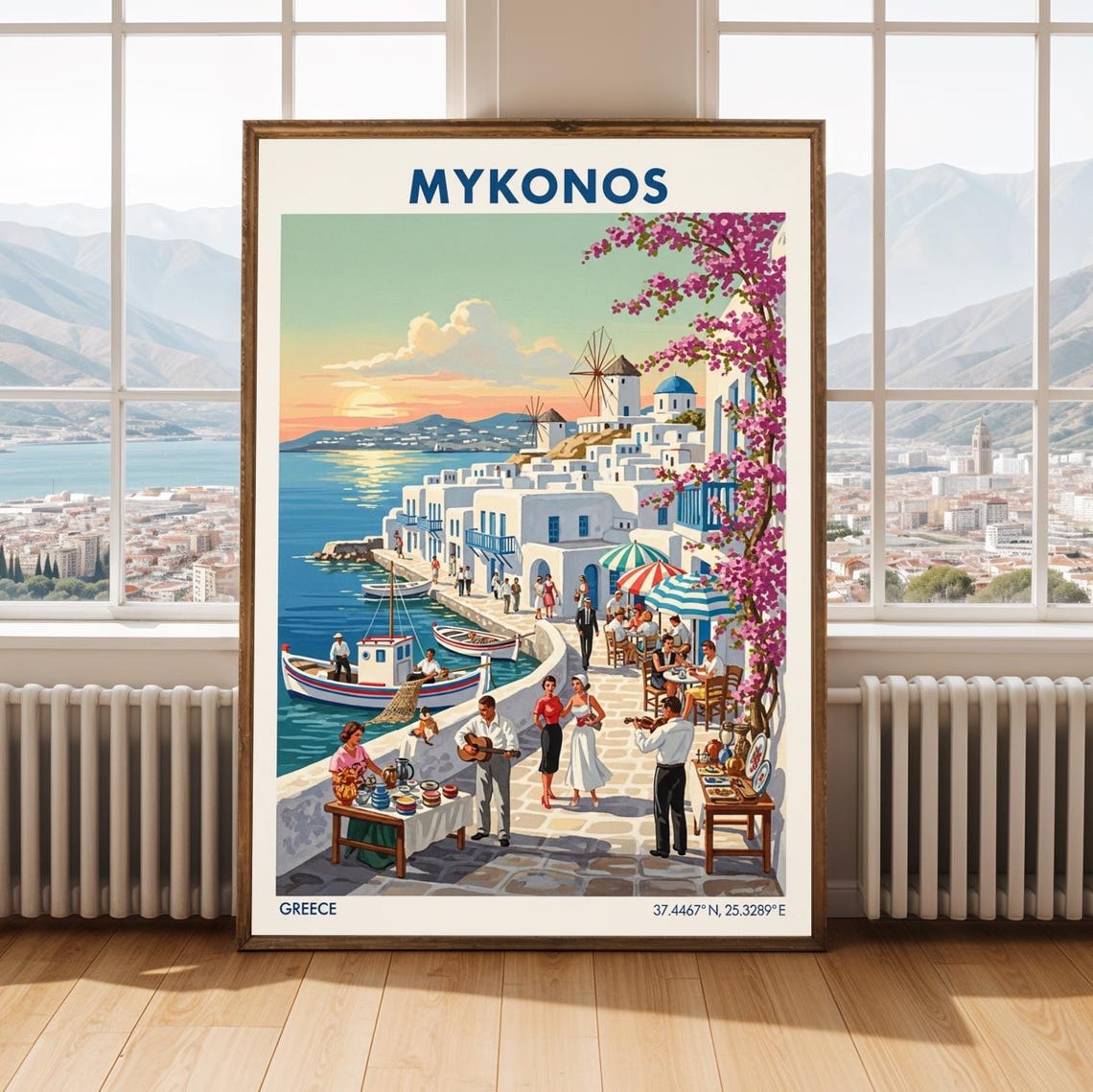 Mykonos Greece Sunset Harbor Windmill Whitewashed Travel Poster