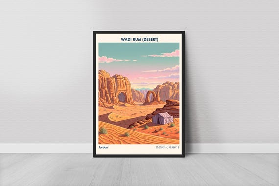 Wadi Rum Poster Art Print Desert Sketch In Warm Orange And Teal Minimalist