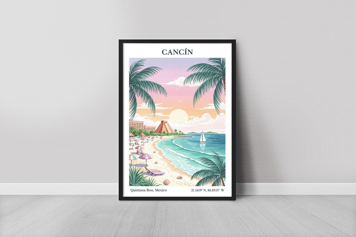 Cancun Mexico Beach Palms Umbrellas Pyramid Sunset Travel Poster