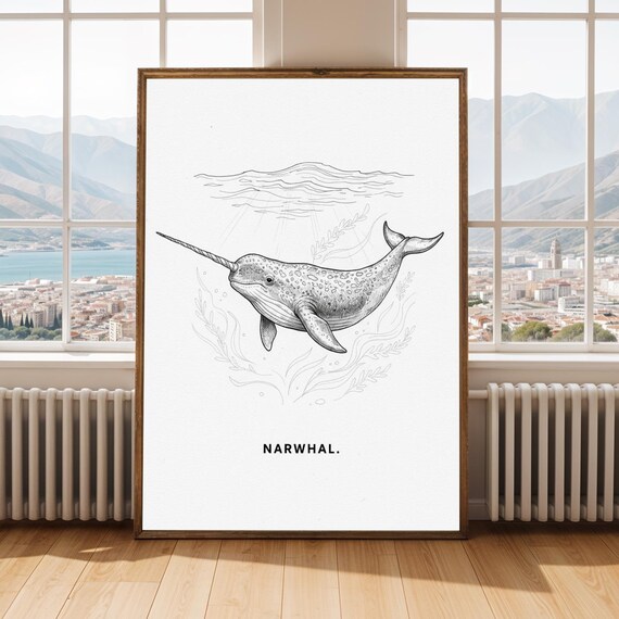 Narwhal Fine Line Ink Drawing Marine Life Poster Arctic Ocean Decor