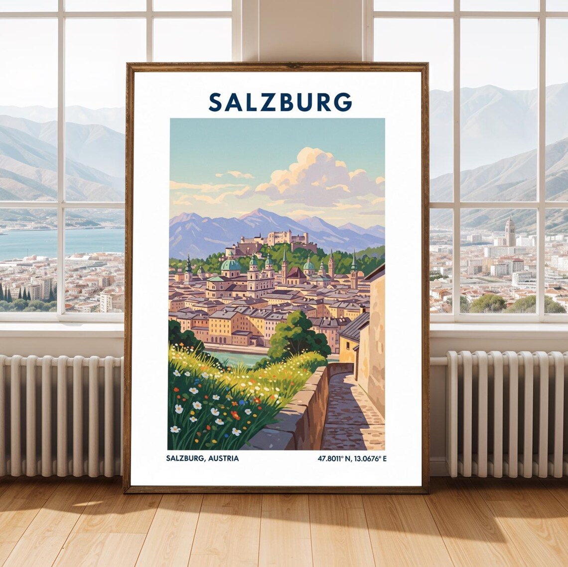 Salzburg Austria Old Town Fortress Mountain Vintage Travel Poster