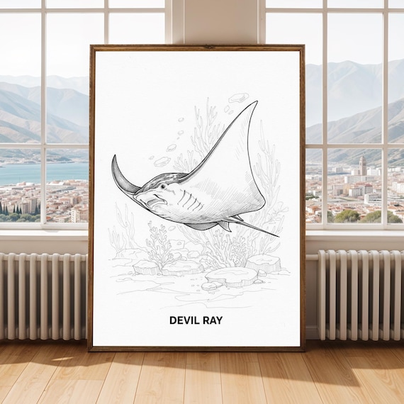 Devil Ray Fine Line Ink Drawing Graceful Stingray Ocean Poster