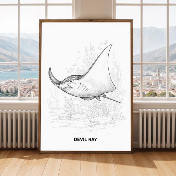 Devil Ray Print Black And White Fine Line Ink Illustration