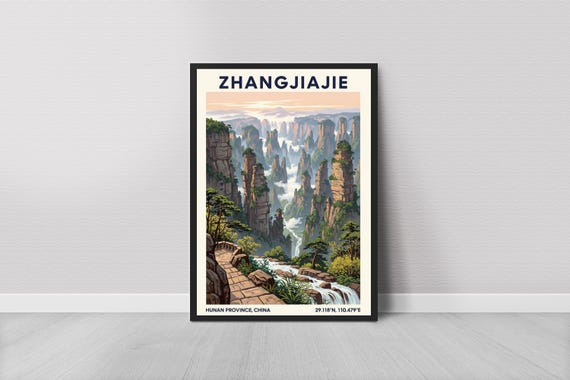 Hunan Sandstone Pillars Travel Poster Vintage Landscape Art Print