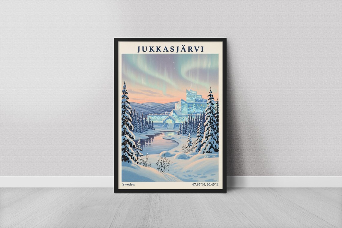 Jukkasjarvi Sweden Ice Hotel Aurora Winter Landscape Travel Poster