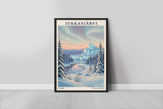 Jukkasjarvi Art Print Vintage Travel Style Blue And Ice Tones