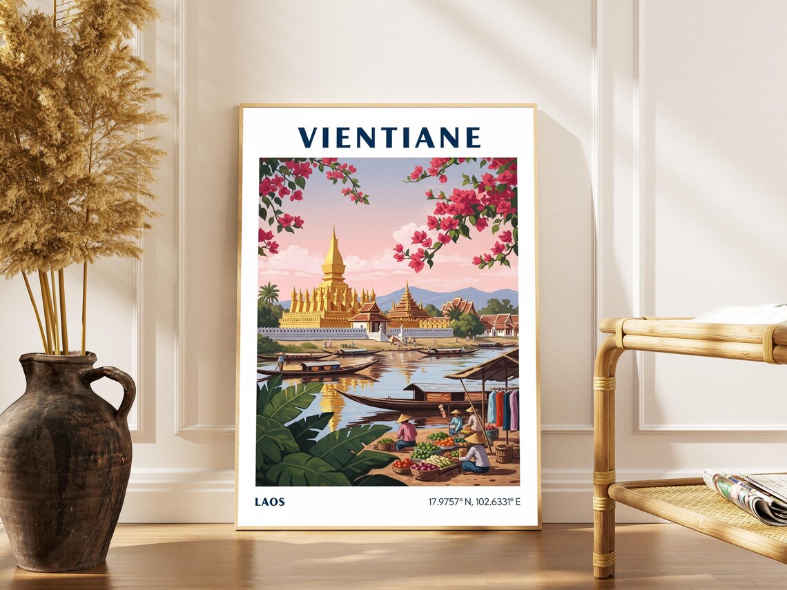Vientiane Laos Golden Stupa Riverside Market Mekong Vintage Poster