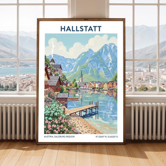 Hallstatt Austria Travel Poster Alpine Village Lake Illustration