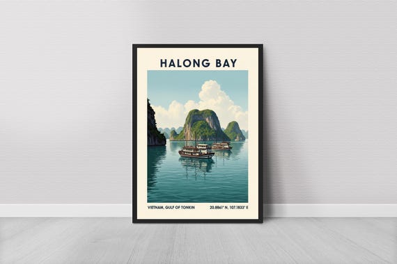 Turquoise Halong Bay Print Vintage Sailing Ships Travel Poster