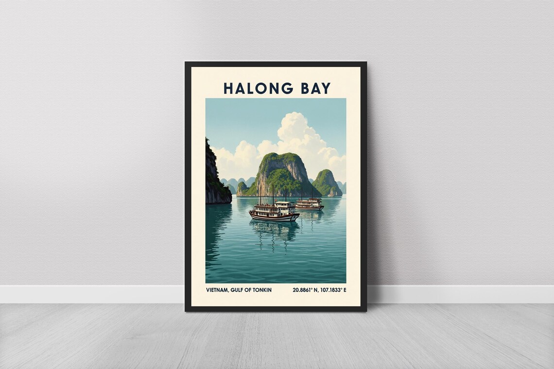 Halong Bay Vietnam Junk Boats Karst Islands Vintage Travel Poster