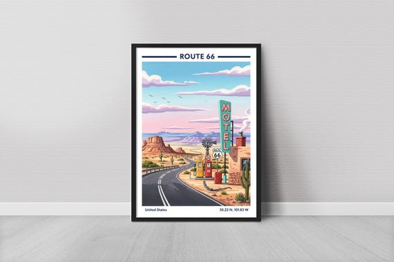 Route 66 Art Print Vintage Travel Style Yellow Gas Pumps Desert Road