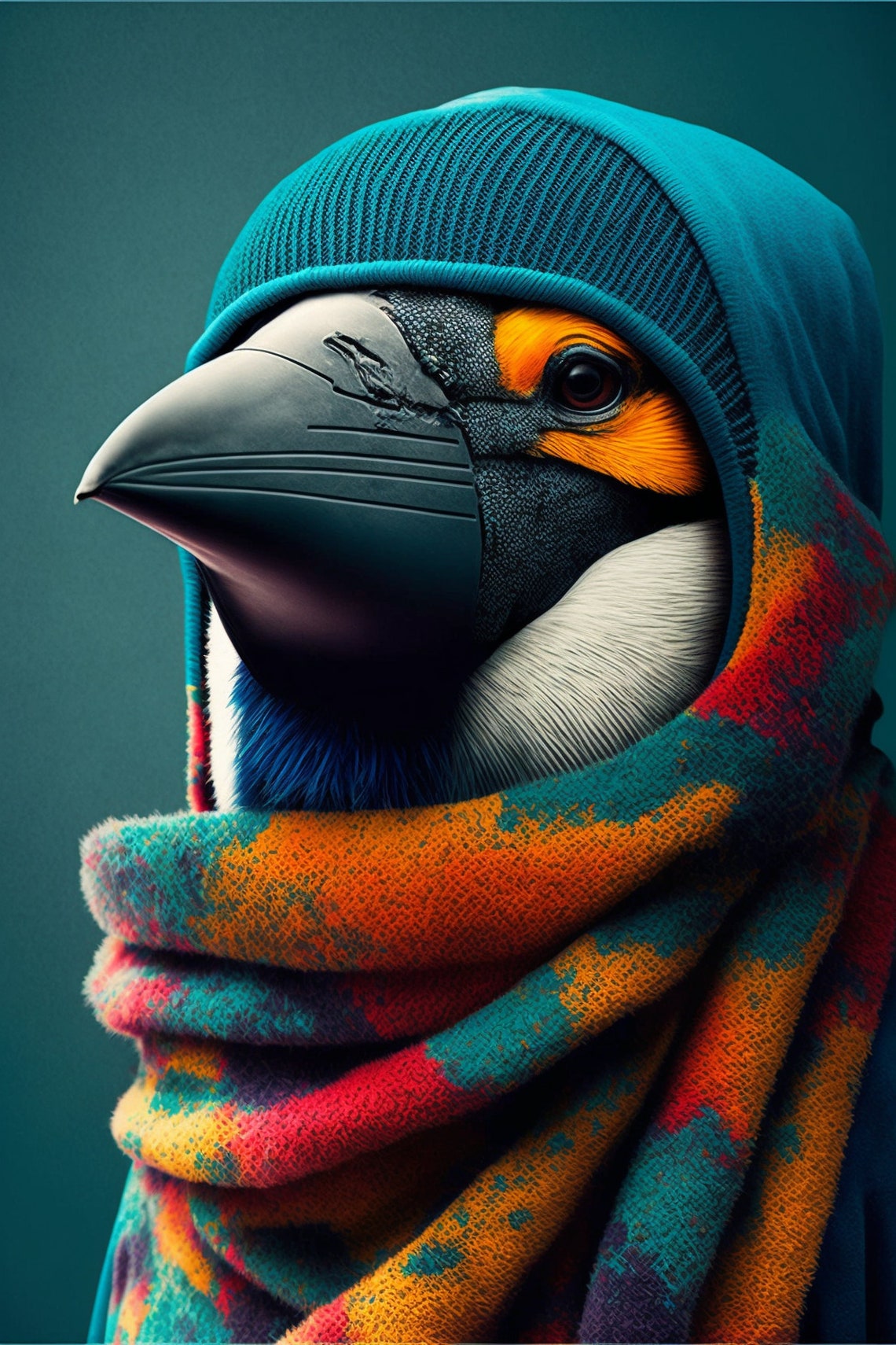 Colorful Penguin Portrait Penguin In Scarf Poster Winter Bird Poster Friends Gift Colorful Print For Bedroom Colorful Bird Portrait
