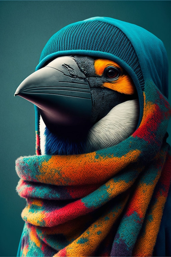 Penguin in Colorful Knit Scarf Cozy Winter Bird Portrait Poster