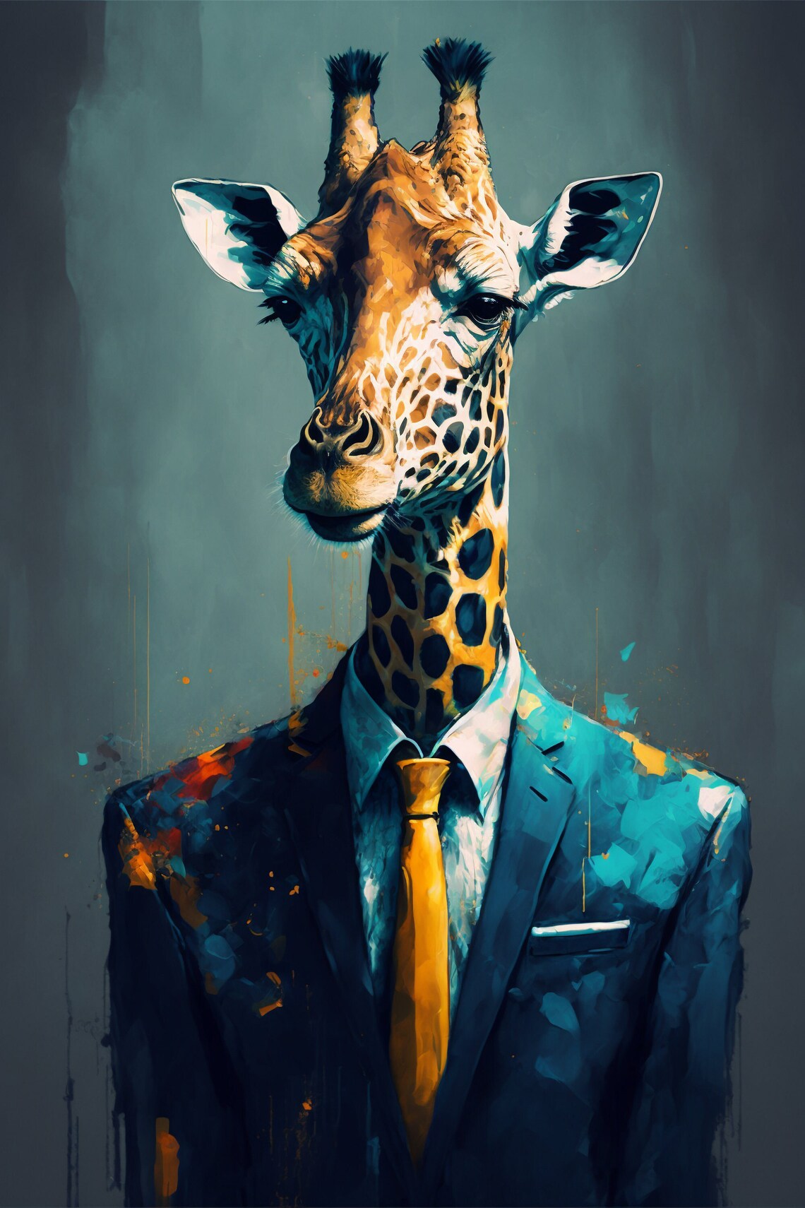 Giraffe in Blue Suit and Gold Tie Colorful Modern Office Portrait Poster