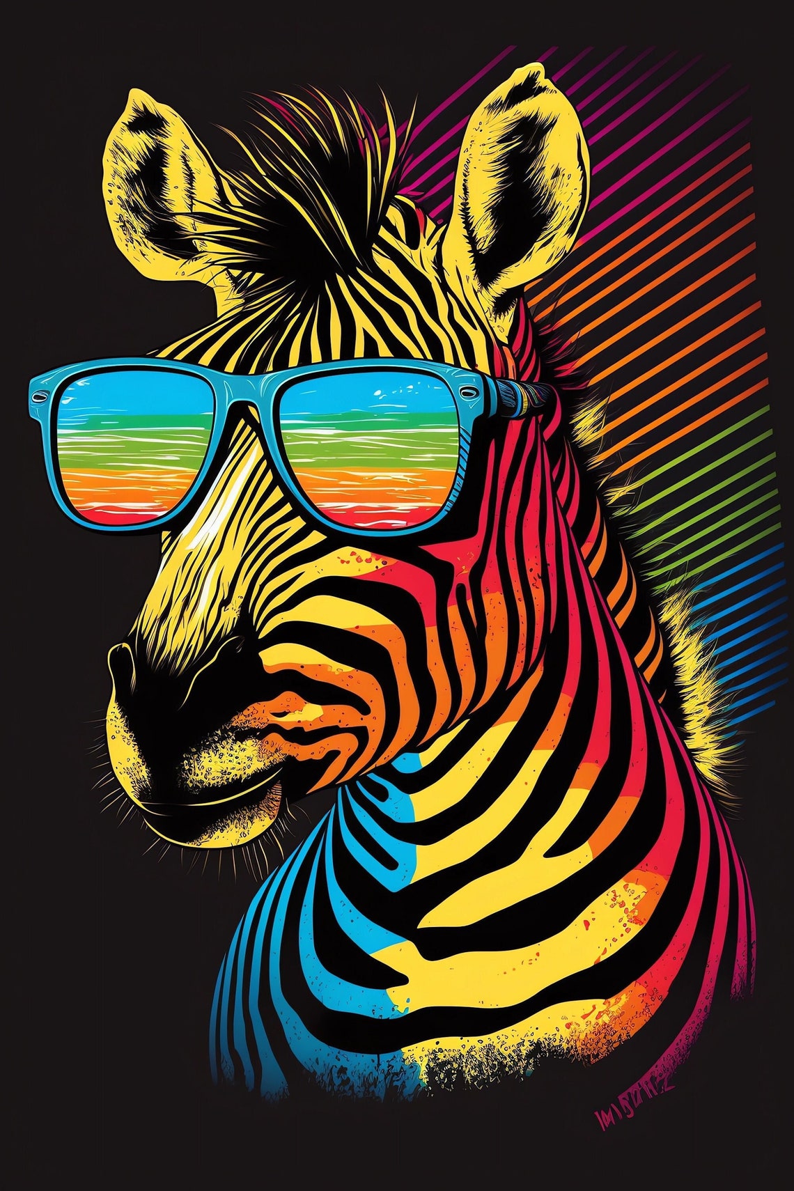 Zebra in Blue Sunglasses Rainbow Stripe Pop Art Portrait Poster