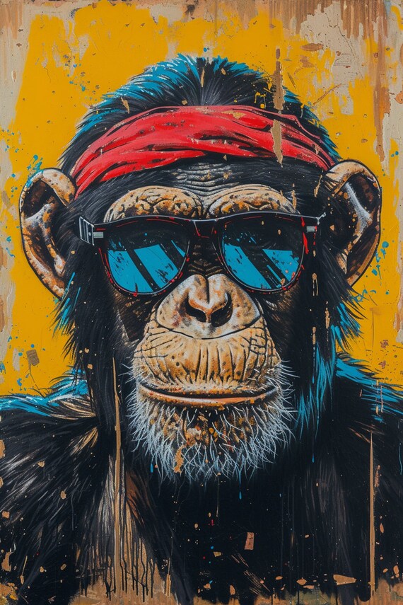 Chimpanzee in Sunglasses and Red Headband Fun Yellow Pop Art Poster