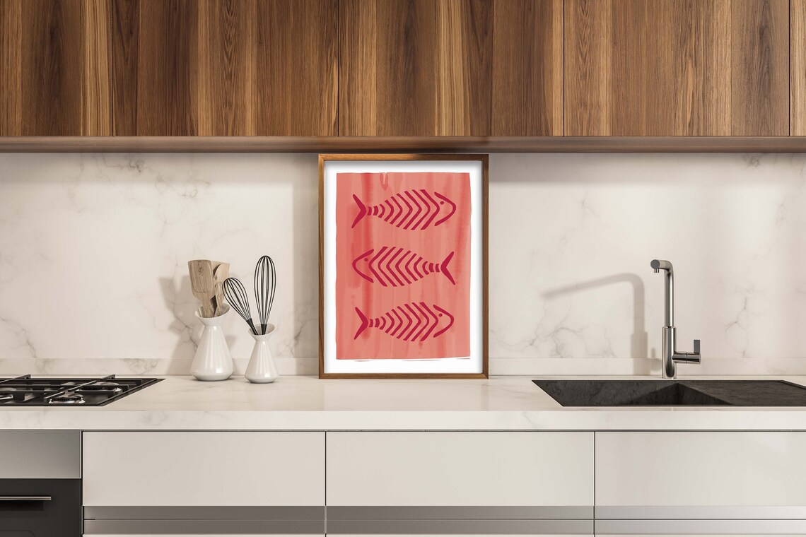 Three Red Fish Skeleton Coral Pink Watercolor Coastal Art Poster - Image 2