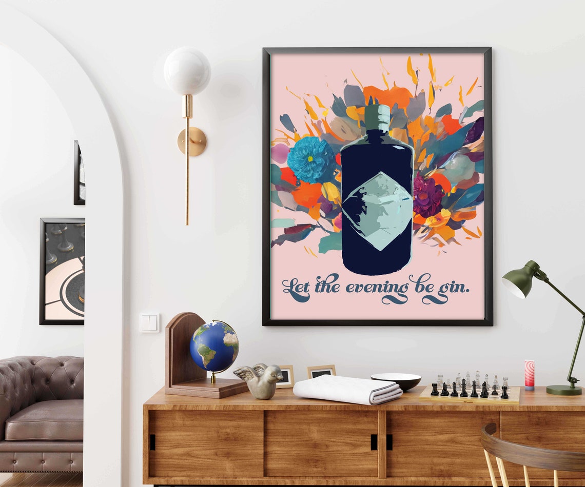Let The Evening Be Gin Retro Quote Floral Bottle Cocktail Poster - Image 2