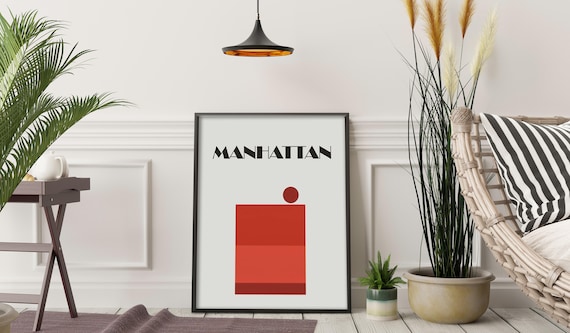 Manhattan Minimalist Red Block Retro Cocktail Bar Design Poster