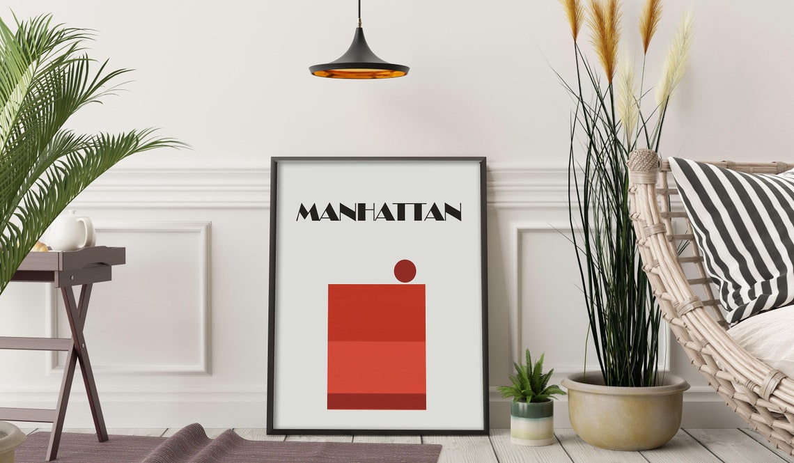 Manhattan Minimalist Red Block Retro Cocktail Bar Design Poster