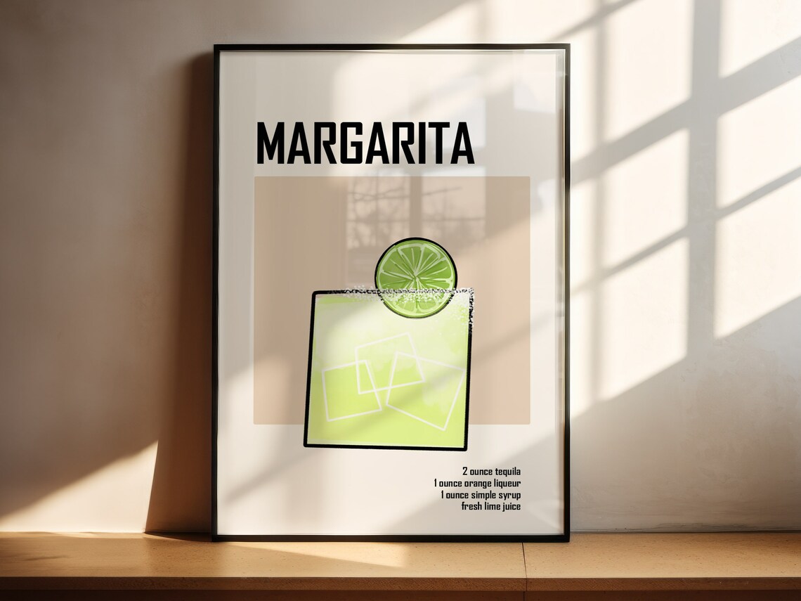 Margarita Cocktail Recipe Minimalist Lime Illustration Bar Cart Art Poster