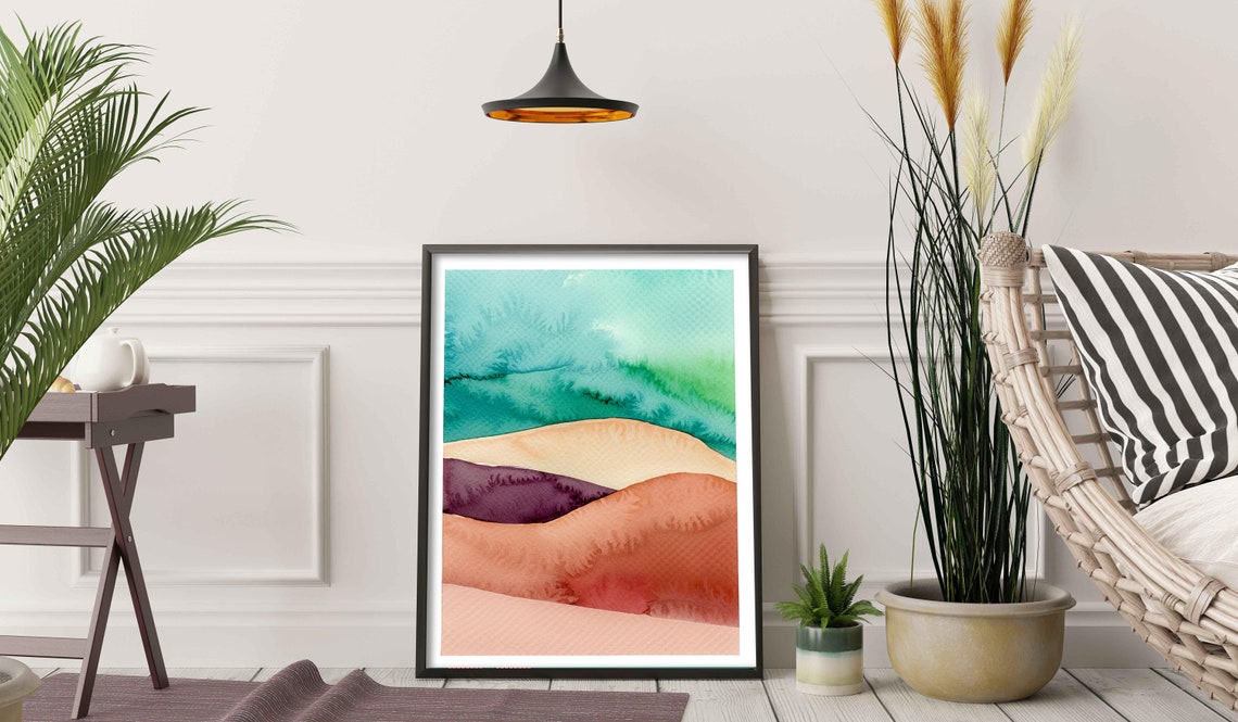 Abstract Beach Dunes Watercolor Teal Peach Soft Coastal Art Poster - Image 2