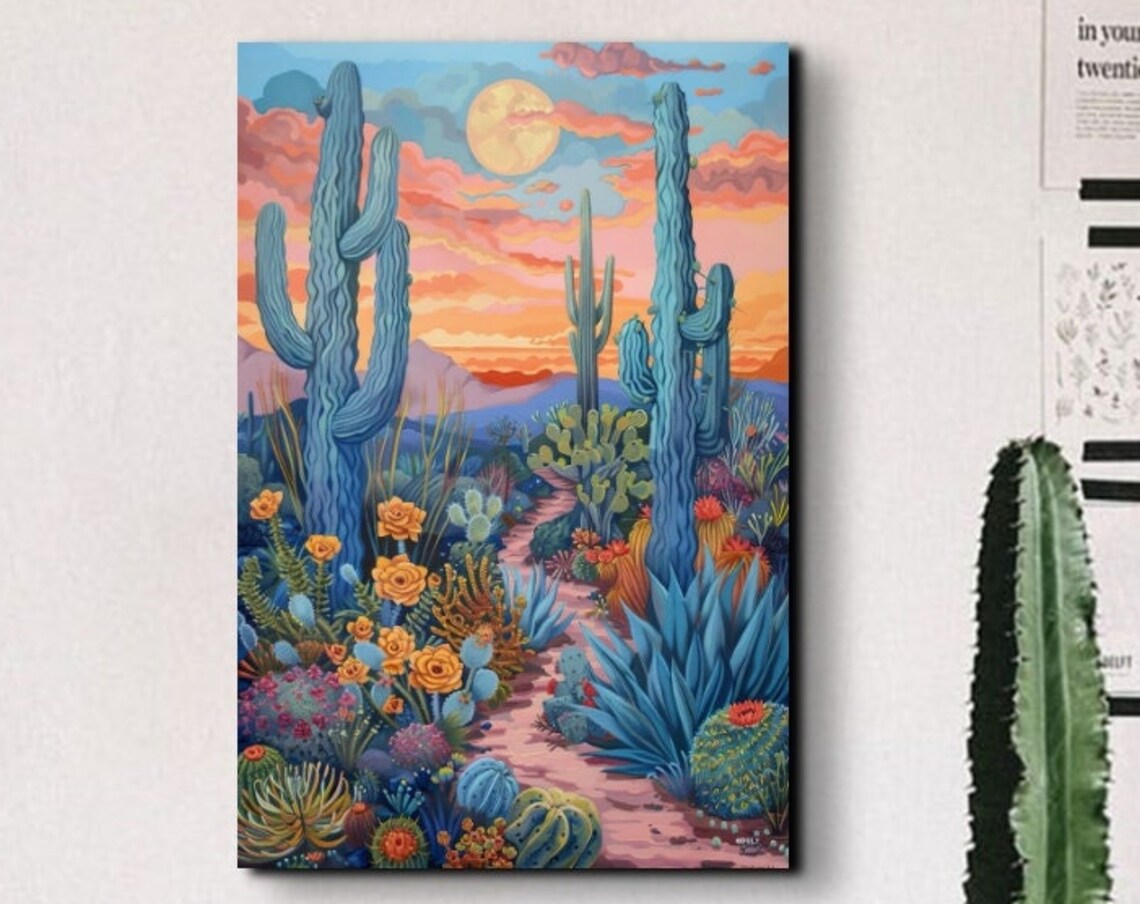 Moonlit Saguaro Cactus Garden Night Desert Moonlight Art Poster
