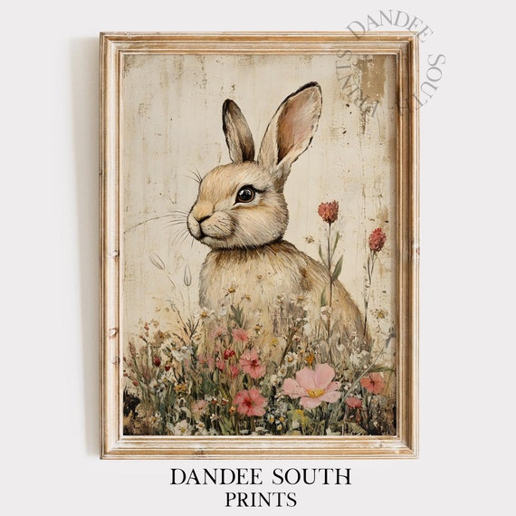 Vintage Bunny Wall Art Painting Country Farmhouse Rustic Spring Rabbit Decor Easter 044
