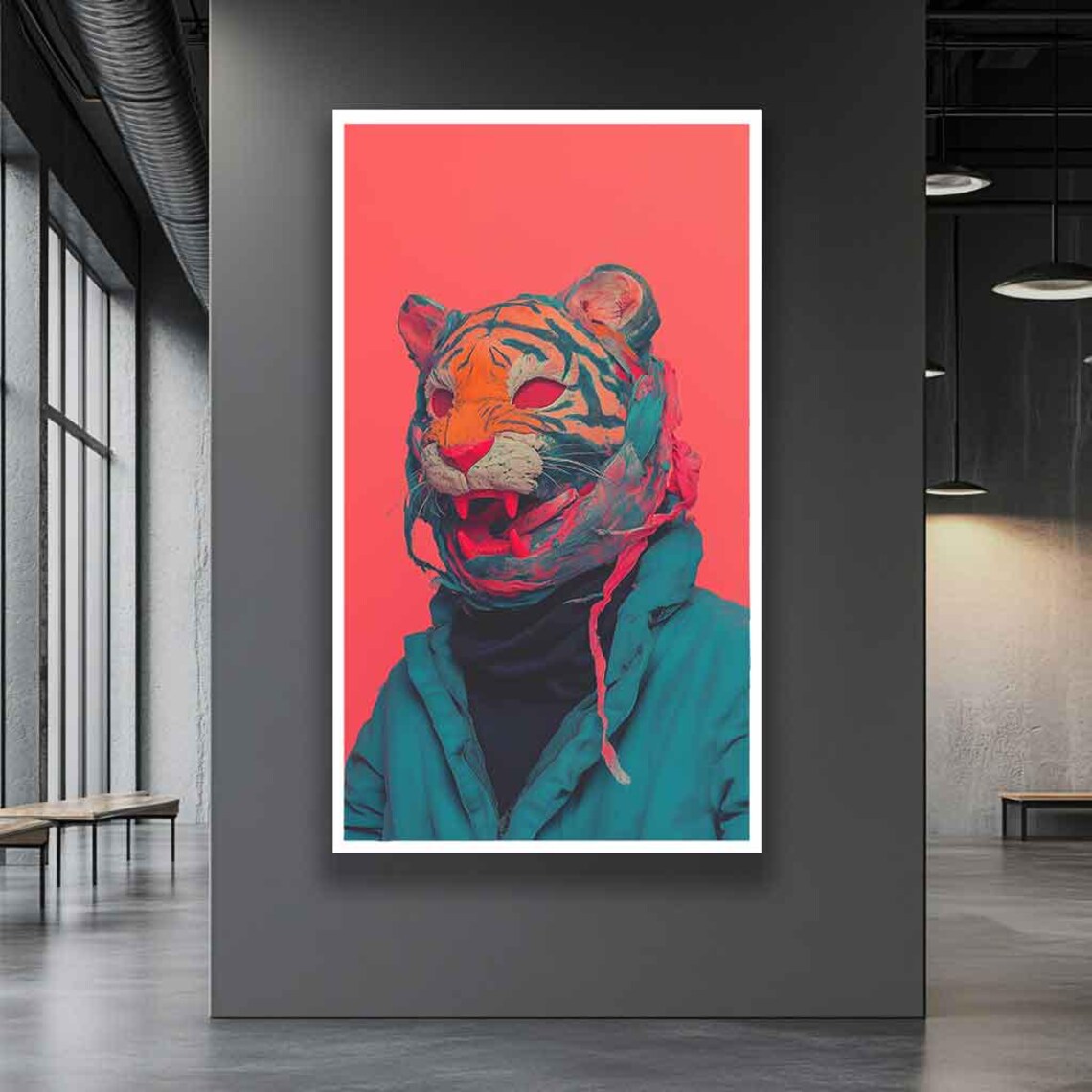 Neon Pop Art Tiger Wearing a Jacket on a Bold Red Background Poster - Image 3