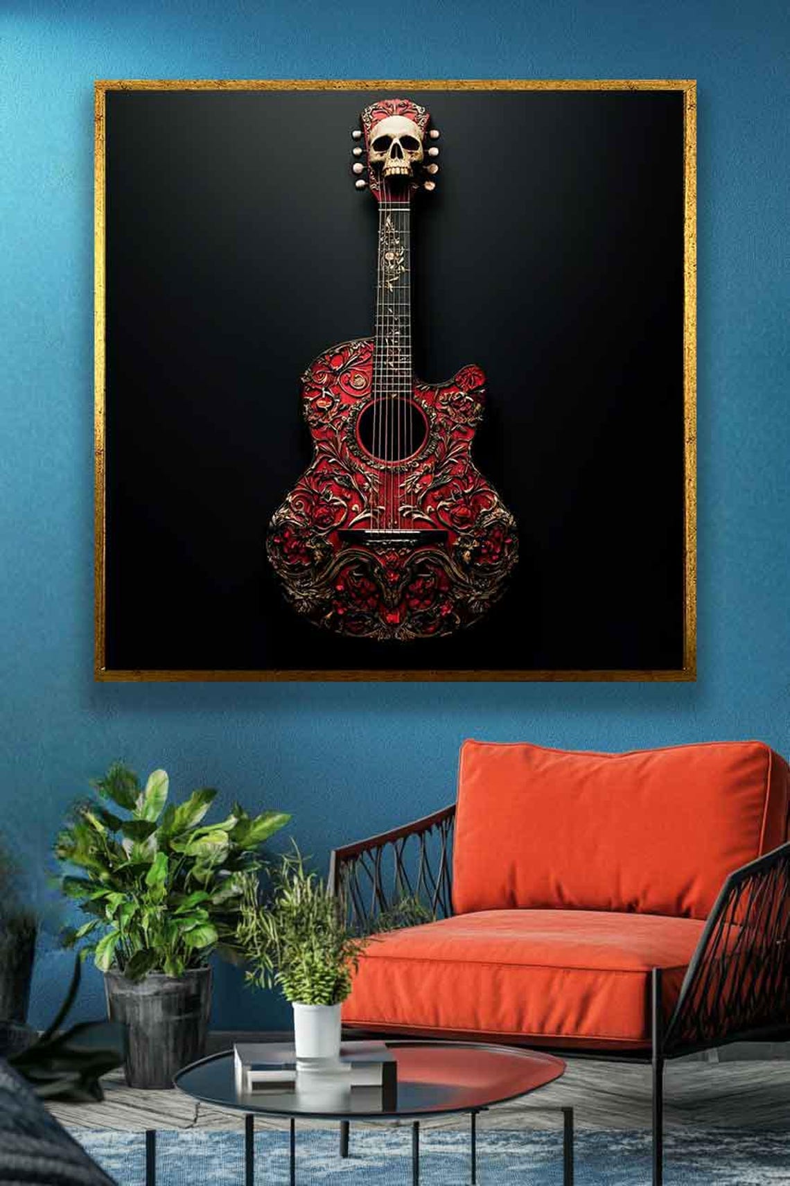 Guitar Wall Art Skull Red Guitar Wall Decor Guitar Wall Print Vintage Guitar Poster Musician Gift Idea - Image 2