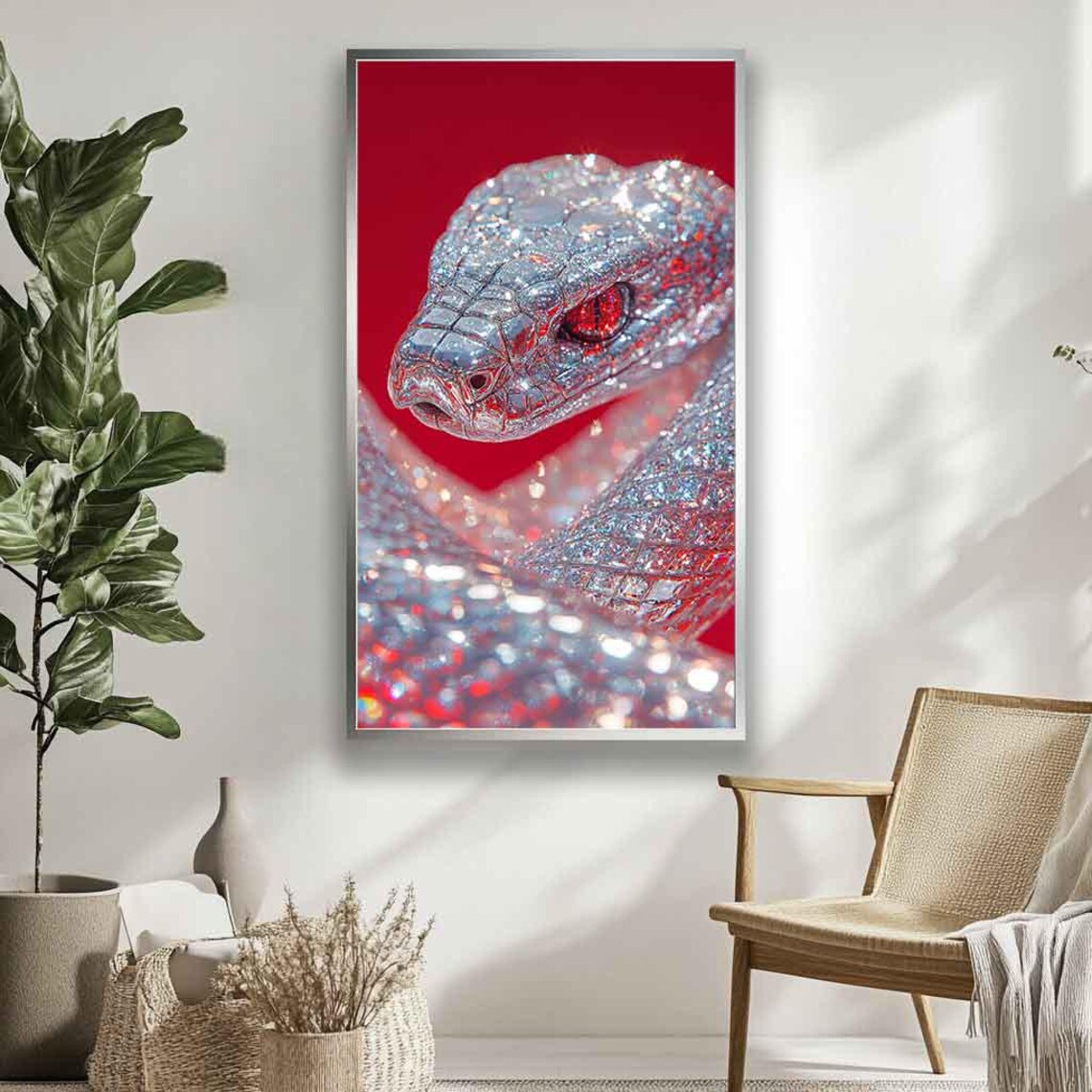 Diamond Crystal Snake With Glowing Red Eyes on a Red Background Poster - Image 4