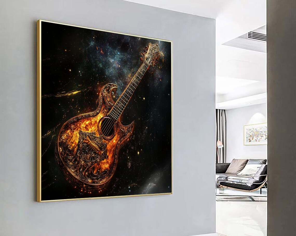 Golden Flaming Acoustic Guitar Against Cosmic Starry Sky Poster