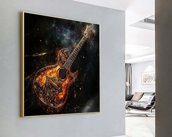 Golden Flaming Acoustic Guitar Against Cosmic Starry Sky Poster
