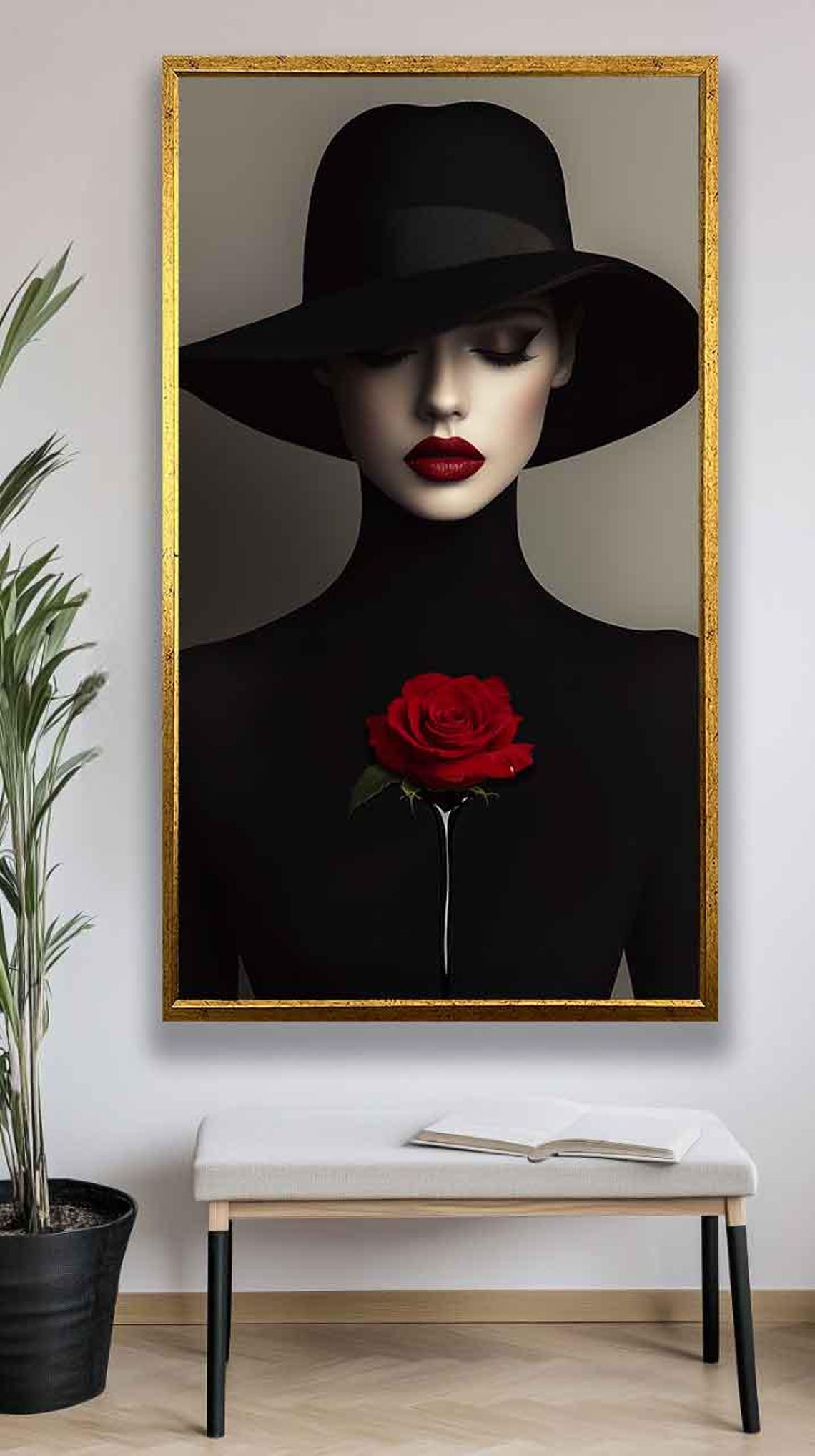 Woman Painting Woman In Black Dress Holding Red Rose Portrait Modern Fashion Wall Art Mysterious Lady With Rose Print - Image 4