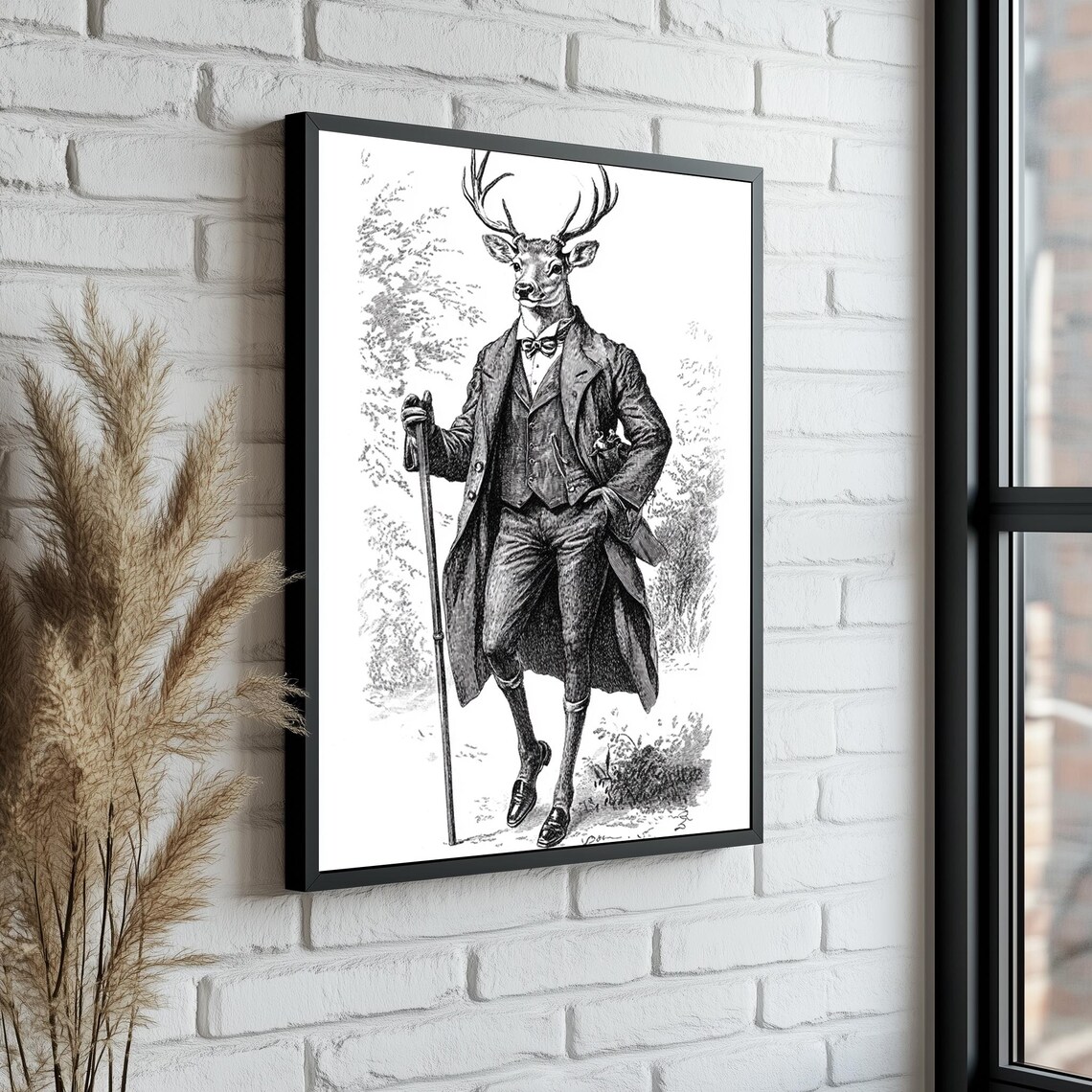 Deer Gentleman in a Victorian Suit Black and White Engraving Poster