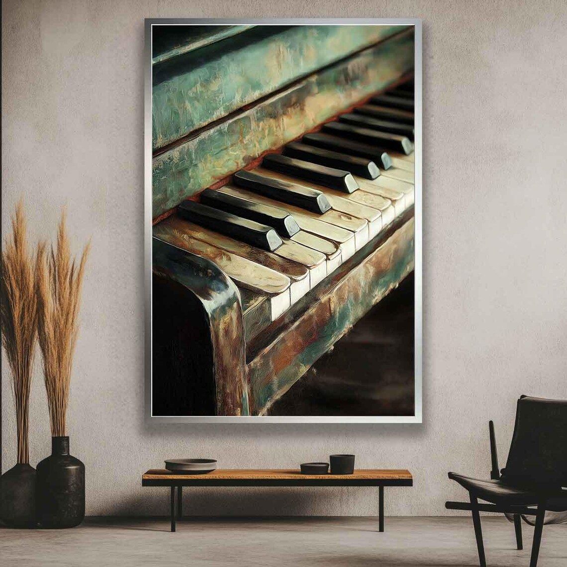 Vintage Distressed Teal Upright Piano Keyboard Close-Up Art Poster - Image 4