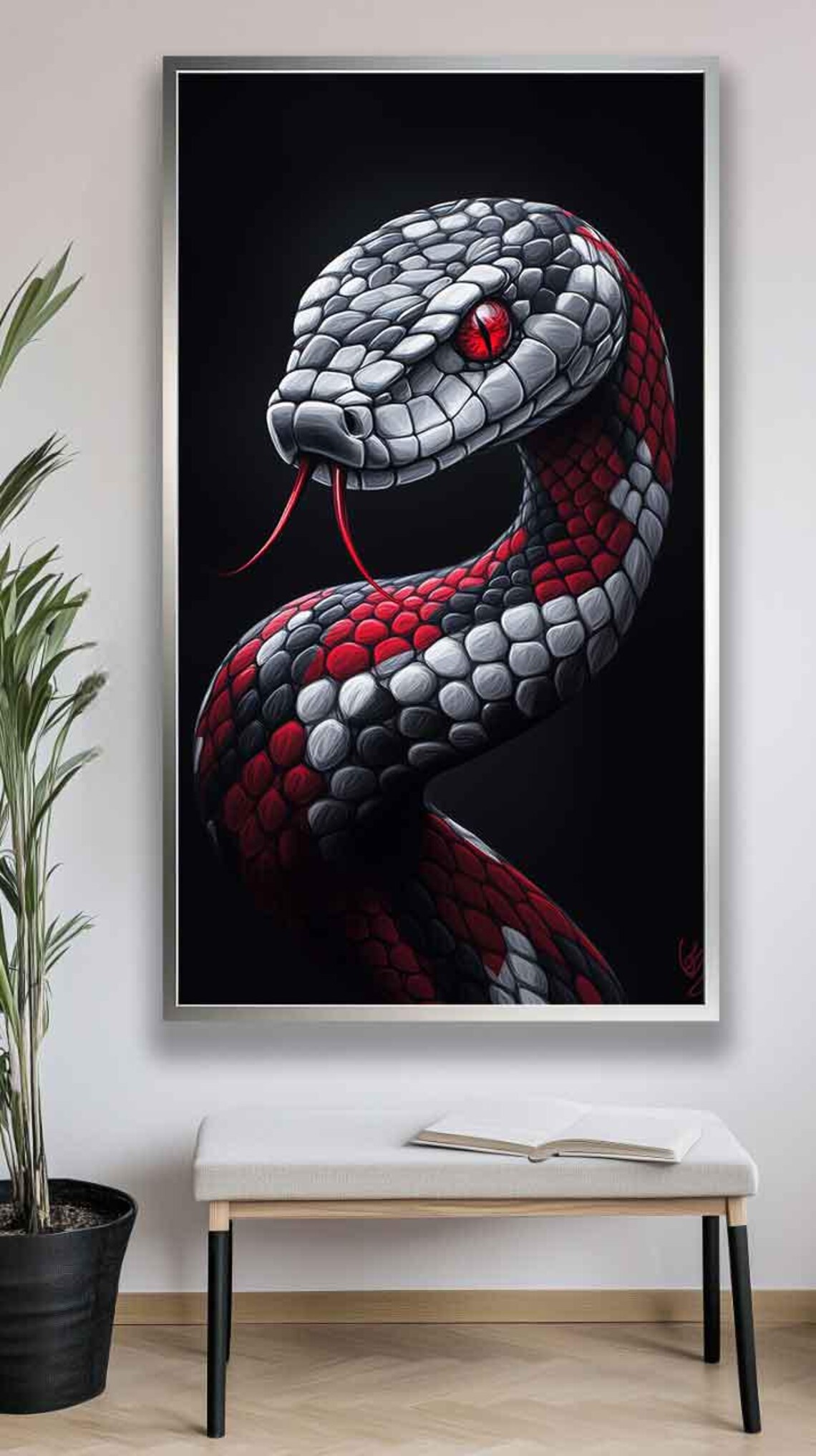 Red Eyed Black and Red Snake Coiled Portrait on Black Art Poster - Image 4