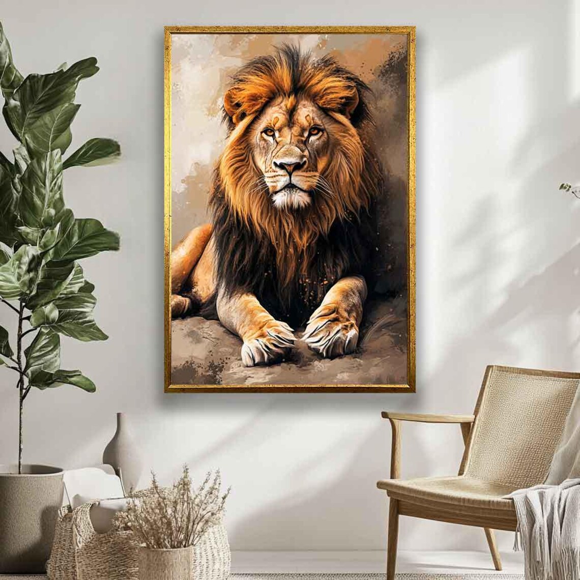 Resting Male Lion Portrait Warm Sepia Painterly Wildlife Art Poster - Image 3