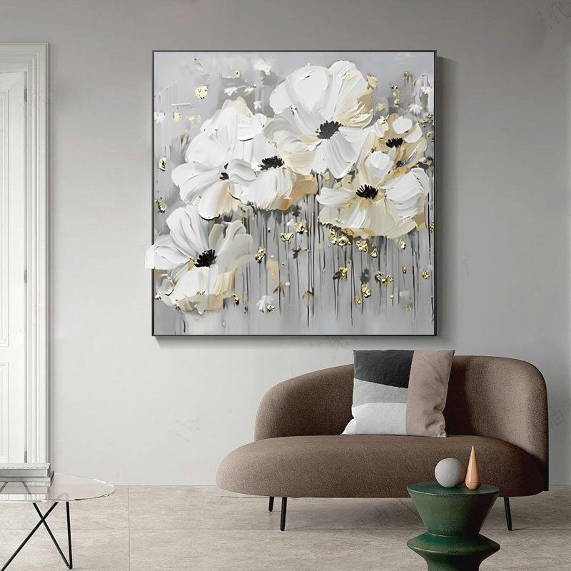White Anemone Flowers With Gold Leaf Accents on Gray Wall Art - Image 6