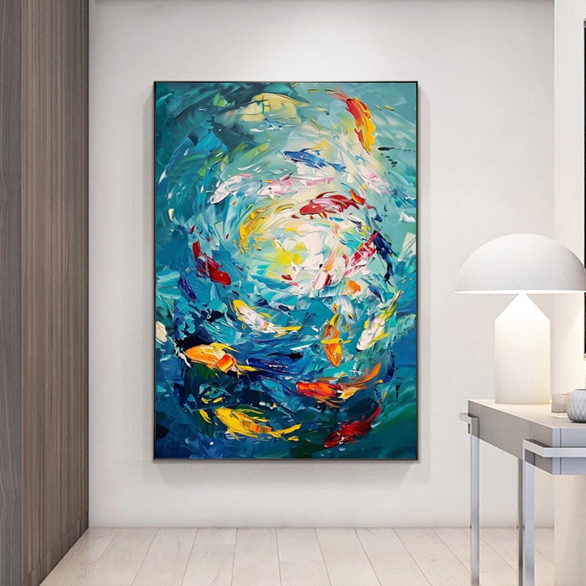 Vibrant Colorful Koi Fish Swirling in Deep Teal Water Art Poster - Image 5