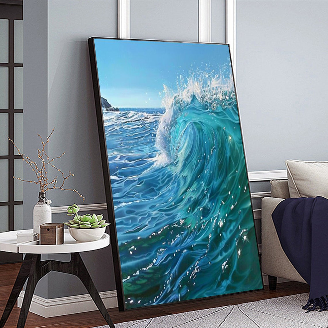 Perfect Curling Glassy Barrel Ocean Wave in Shades of Blue Poster - Image 4