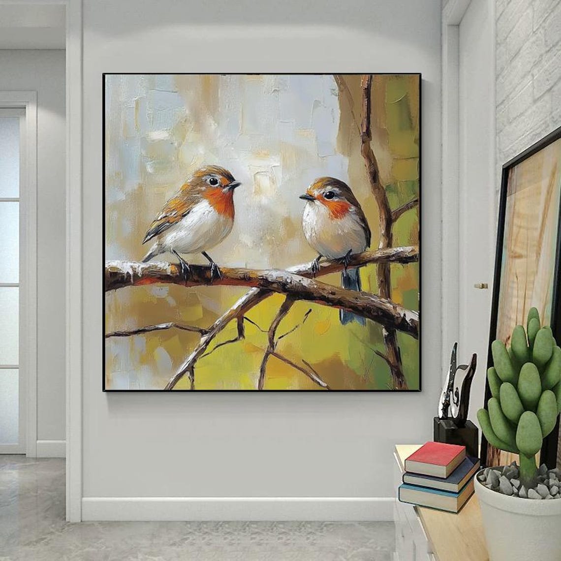 Two Sweet Robins With Orange Breasts Perched on Branches Square Poster