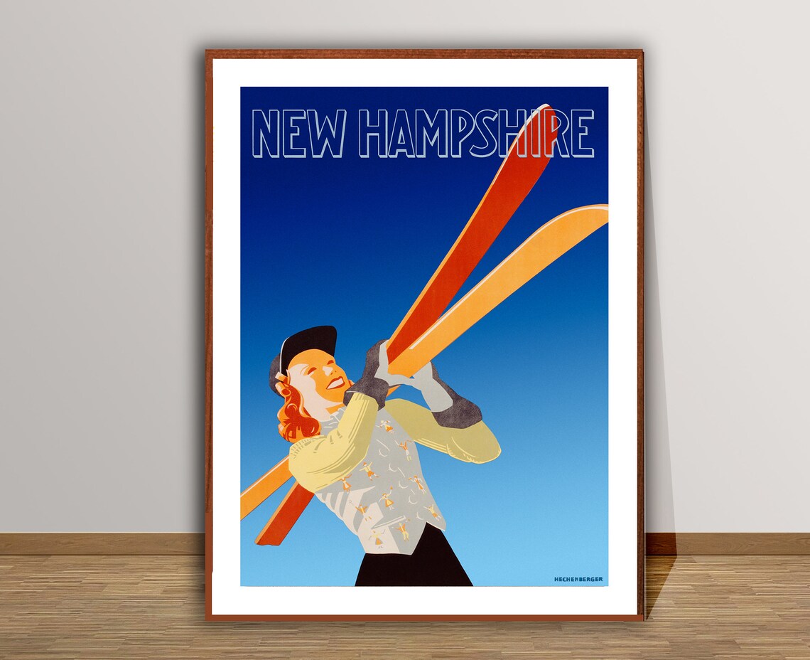 New Hampshire Lady Skier Red Hair Art Deco Vintage Ski Poster